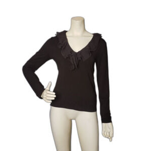 Lauren Ralph Lauren Dark Brown Ruffled V Neck Top Blouse Womens Size Medium